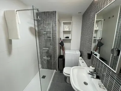 a bathroom with a shower and a toilet and a sink at Colón Corazón de Cádiz con Ascensor Grupo AC Gestion in Cádiz