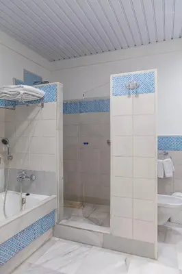 a bathroom with a shower and a tub and a toilet at Hotel Duque de Najera in Rota