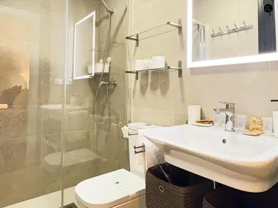 a bathroom with a sink and a toilet and a shower at Casita del Mentidero Grupo AC Gestion in Cádiz