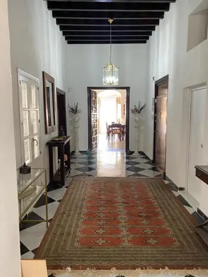 a hallway with a large rug on the floor of a building at Gran casa señorial de 300m en centro histórico in El Puerto de Santa María