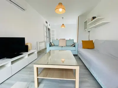 a living room with a couch and a tv at Botánico Playa y Ascensor Grupo AC Gestion in Cádiz