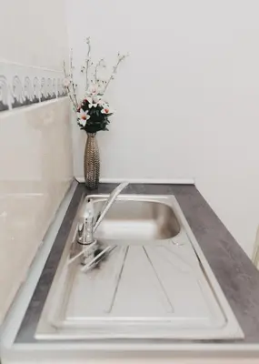 a kitchen sink with a vase with flowers in it at Miriam Costa de la luz 2 in Jerez de la Frontera