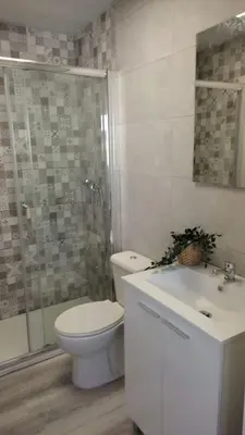 a bathroom with a toilet and a shower and a sink at Apartamento la Buganvilla in Jerez de la Frontera