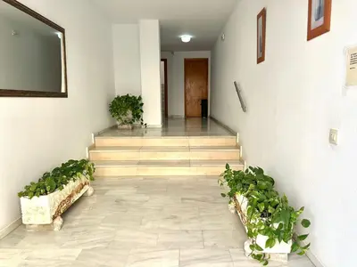 a hallway with potted plants and stairs in a building at Apartamento Plaza Toros in El Puerto de Santa María