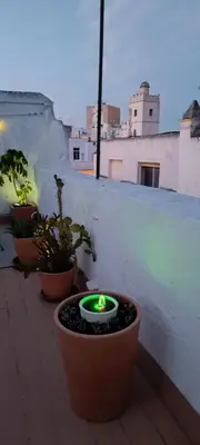 a green candle in a flower pot on a balcony at Ático en La Candelaria in Cádiz