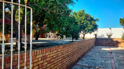 a brick retaining wall with trees and a sidewalk at Finca La Parrilla Maison Piscine nature chevaux in Arcos de la Frontera
