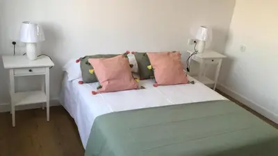 a bedroom with a bed with pink and green pillows at Apartamento Victoria in Cádiz