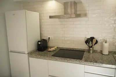 a kitchen with a white refrigerator and a counter top at Aromas de Bodega in Jerez de la Frontera