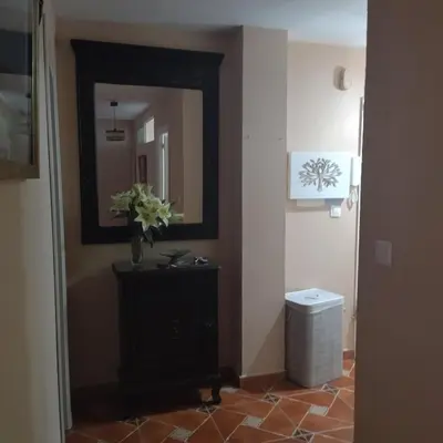 a bathroom with a mirror and a vase of flowers on a table at Piso de dos dormitorios en el centro de Sanlúcar de Barrameda in Sanlúcar de Barrameda