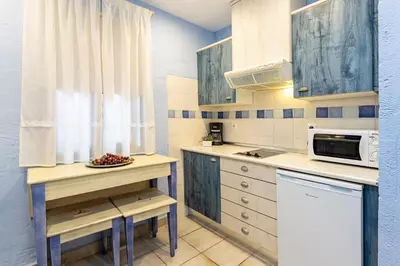a kitchen with wooden cabinets and a sink and a microwave at Apartahotel La Espadaña in Rota
