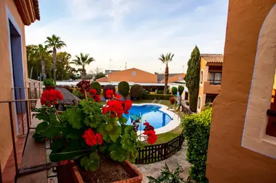 a balcony with red flowers and a swimming pool at Apartahotel La Espadaña in Rota