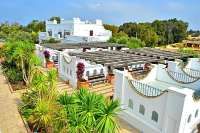 an aerial view of a white building with trees at Apartamentos Piedramar in Conil de la Frontera