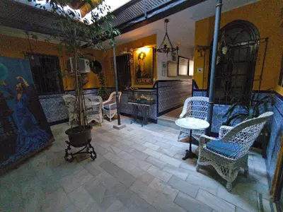 a room with chairs and a table and a potted plant at Hotel Nova Centro in Jerez de la Frontera