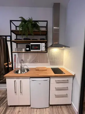 a kitchen with a sink and a microwave at Loft Deluxe Herrería 6 - Vivienda Vacacional. in El Puerto de Santa María