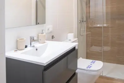 a bathroom with a sink and a toilet and a shower at Apartamento La Habanera de Cadiz in Cádiz