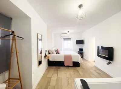 a white bedroom with a bed and a television at Amores Loft Rural in Alcalá de los Gazules