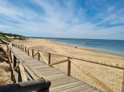 a wooden boardwalk leading to a beach with people in the water at Apartamento Residencial Punta Candor in Rota