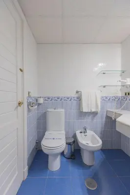 a blue and white bathroom with a toilet and a sink at Apartamentos Soho Boutique Vistahermosa in El Puerto de Santa María
