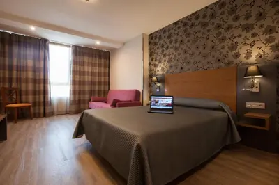 a hotel room with a bed and a chair at Hotel Regio Cádiz in Cádiz