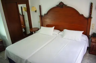 a bedroom with a large white bed with a wooden headboard at Hotel Playa de Regla in Chipiona
