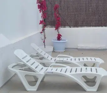 two white chairs sitting next to a window with flowers at Casa Tina in Cádiz
