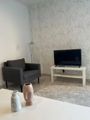a living room with a couch and a tv at Ático centro in El Puerto de Santa María