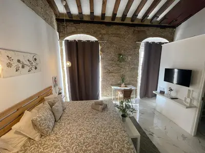 a bedroom with a bed in a room with windows at BF BOUTIQUE JEREZ in Jerez de la Frontera