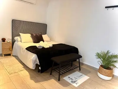 a bedroom with a bed with a black blanket and a chair at La Faraona in Jerez de la Frontera