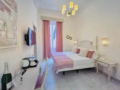 a bedroom with a bed and a desk and a television at Hotel Boutique Las Cortes De Cádiz in Cádiz