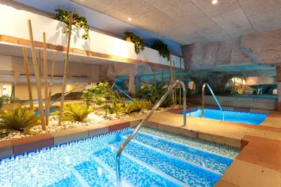 a wooden sauna with two complimentary towels in it at Senator Cádiz in Cádiz