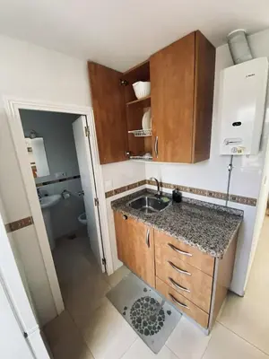 a small kitchen with a sink and wooden cabinets at Penthouse in the center in Cádiz