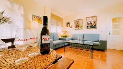 a bottle of wine sitting on a table in a living room at Mika's House Lite in Sanlúcar de Barrameda