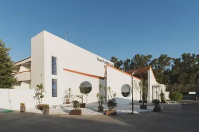 a white building with potted plants in front of it at Hotel Pradillo Conil in Conil de la Frontera