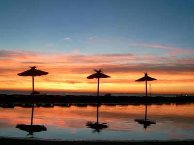 a group of umbrellas sitting next to a body of water at Garbí Costa Luz in Conil de la Frontera