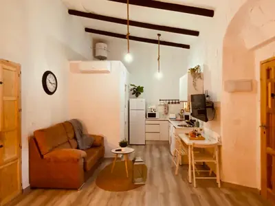 a living room with a couch and a kitchen at Suite San Mateos 15 in Jerez de la Frontera