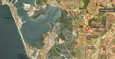 a map of a city and the water at Hacienda Laguna Seca - Apart. Jazmin in Chiclana de la Frontera