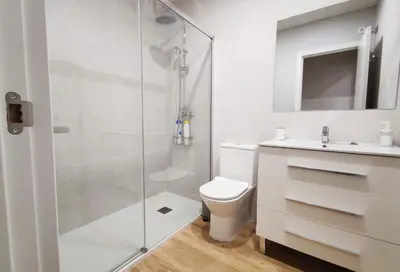 a bathroom with a shower and a toilet and a sink at APARTAMENTOS SANLUCAR CASA B in Sanlúcar de Barrameda