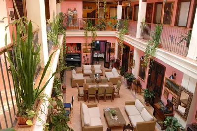 an overhead view of a restaurant with tables and chairs at Hotel Pinomar in El Puerto de Santa María