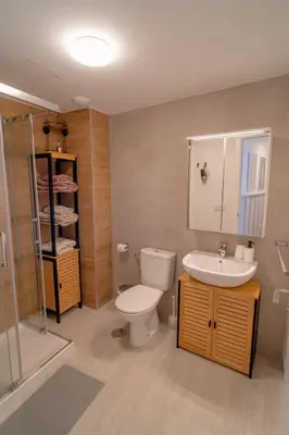 a bathroom with a toilet and a sink and a shower at Apartamento Duplex casa Palacio rehabilitado centro El Puerto in El Puerto de Santa María