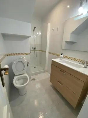 a bathroom with a toilet and a sink and a shower at Casa Rosa in Chiclana de la Frontera