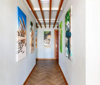 a hallway with art on the walls at Apartamentos El Roqueo in Conil de la Frontera