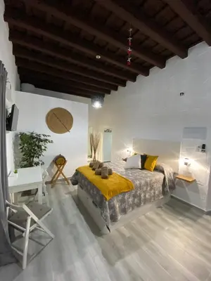 a bedroom with a bed and a table and a chair at Apartamento Jerez Sherry in Jerez de la Frontera