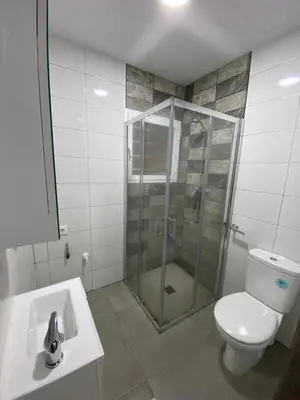 a bathroom with a shower and a toilet and a sink at APARTAMENTOS PASCUAL in El Cuervo
