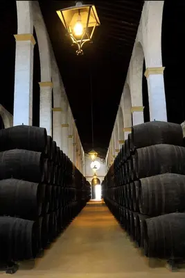 a row of wine barrels in a wine cellar at Sherryflat Trébol - Parking in Jerez de la Frontera