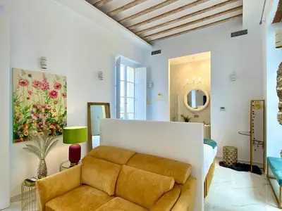 a living room with a couch and a painting at inncadizcasa Señorial de Rivadavia in Cádiz