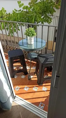 a table and chairs on a balcony with a potted plant at Acogedor piso centro, San Miguel in Jerez de la Frontera