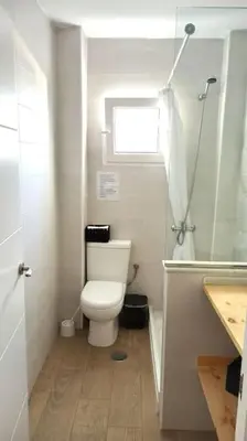 a small bathroom with a toilet and a shower at Acogedor piso centro, San Miguel in Jerez de la Frontera