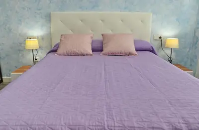 a purple bed with two pink pillows on it at Apartamento Angel in San Fernando