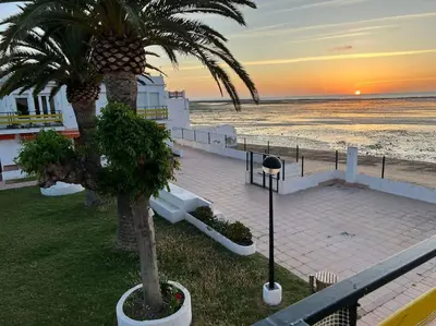 a view of a beach with palm trees and the sunset at Precioso Apto con vistas al Parque Nacional Doñana in Chipiona