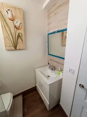 a bathroom with a sink and a toilet and a mirror at ÁTICO SANTA MARÍA in Cádiz